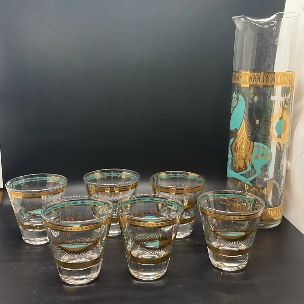 Vintage 60’s Fred Press Trojan Horse 22k Gold Turquoise 8 Pc MCM Barware Set